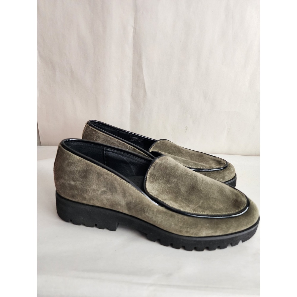 Donald Pliner Eclipse Olive Green Suede Lug Sole Loafers Patent Trim 7.5M